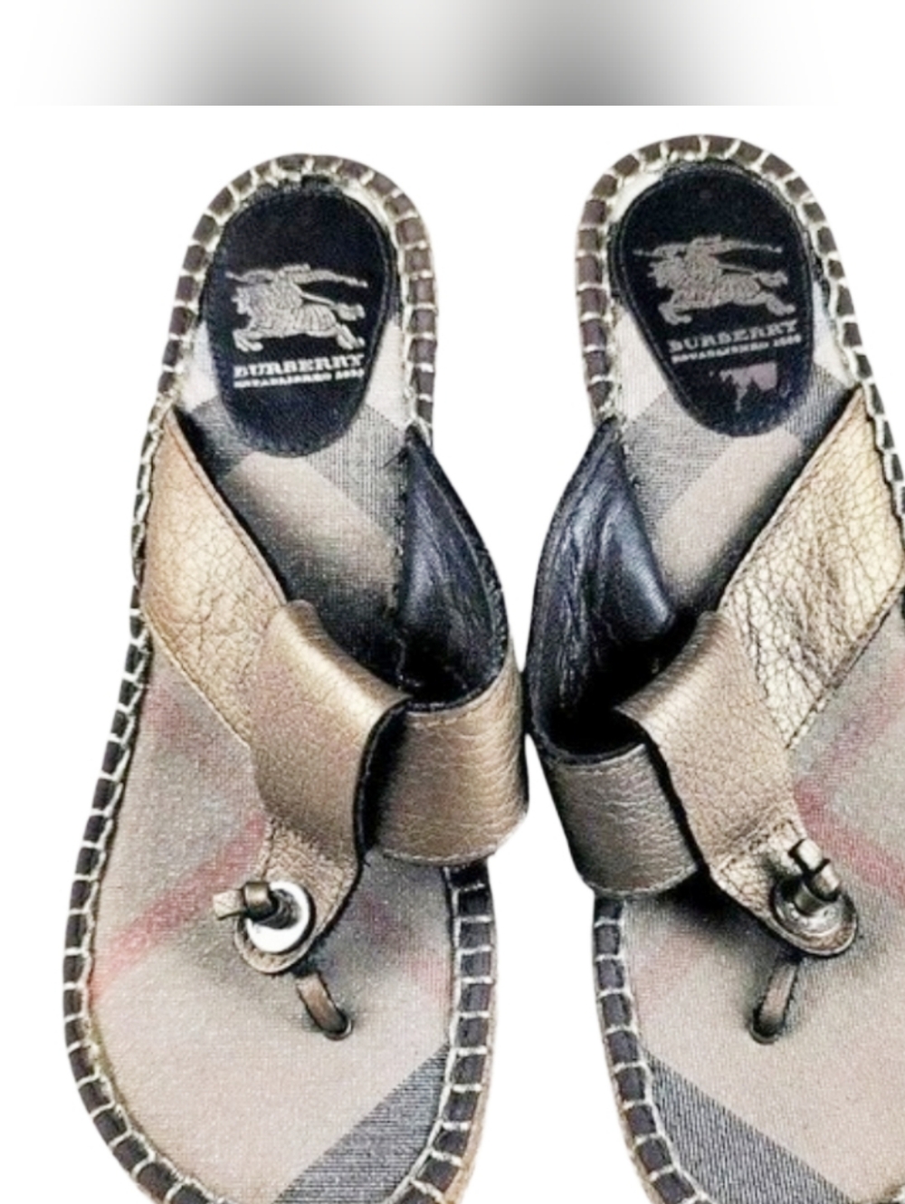 Burberry Metallic Bronze Leather Nova Check Espadrille Wedge Sandals 39 - Picture 2 of 7